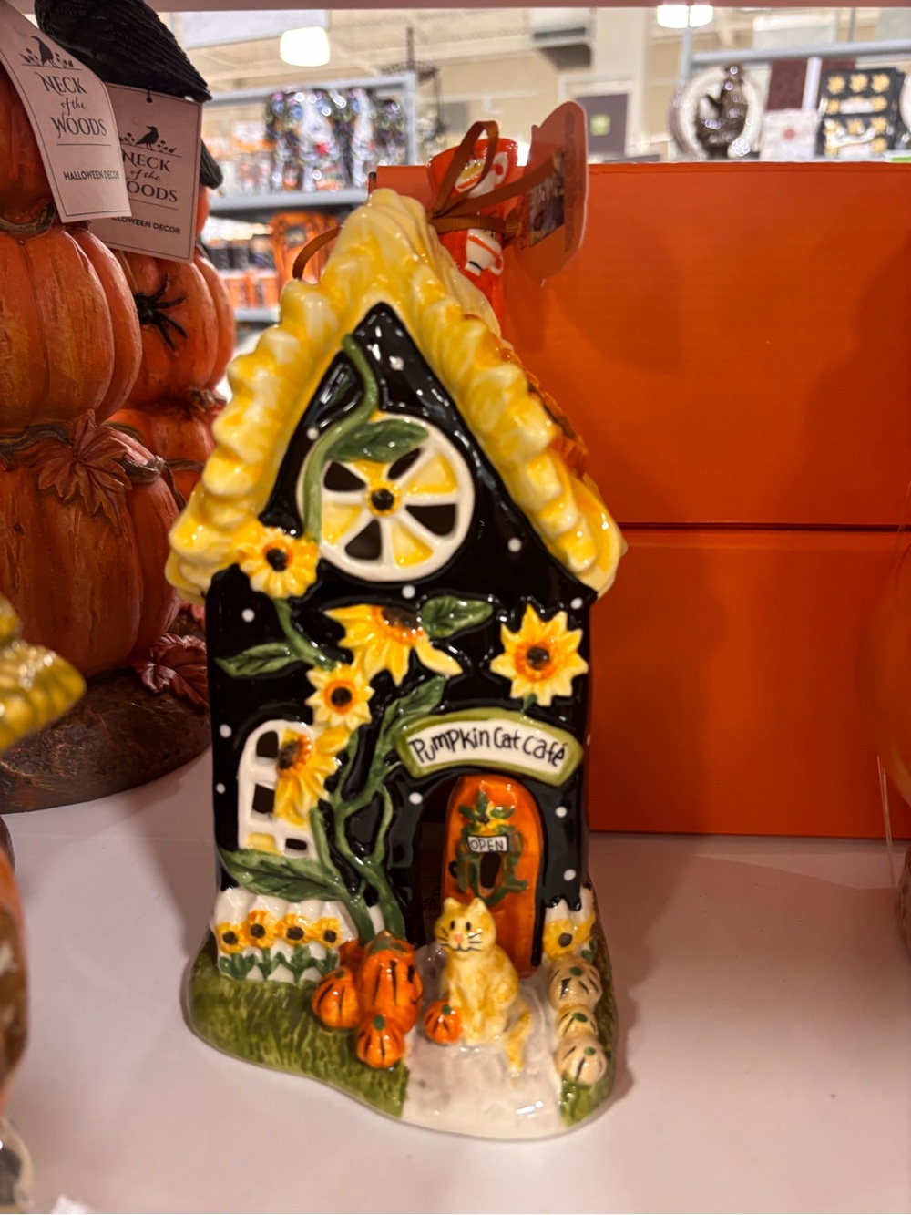 Blue Sky Black and Yellow Pumpkin Cat Café Ceramic House